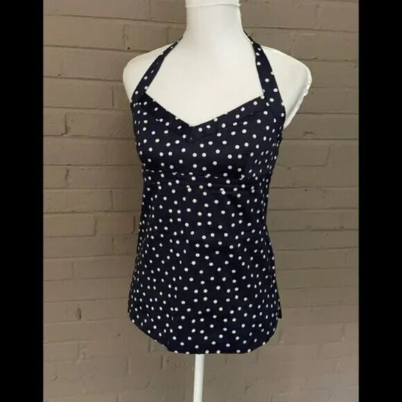 J Crew Midnight Navy Blue & White Polka Dot Pin-Up Halter Crop Tank Top 0 XS - Picture 5 of 10